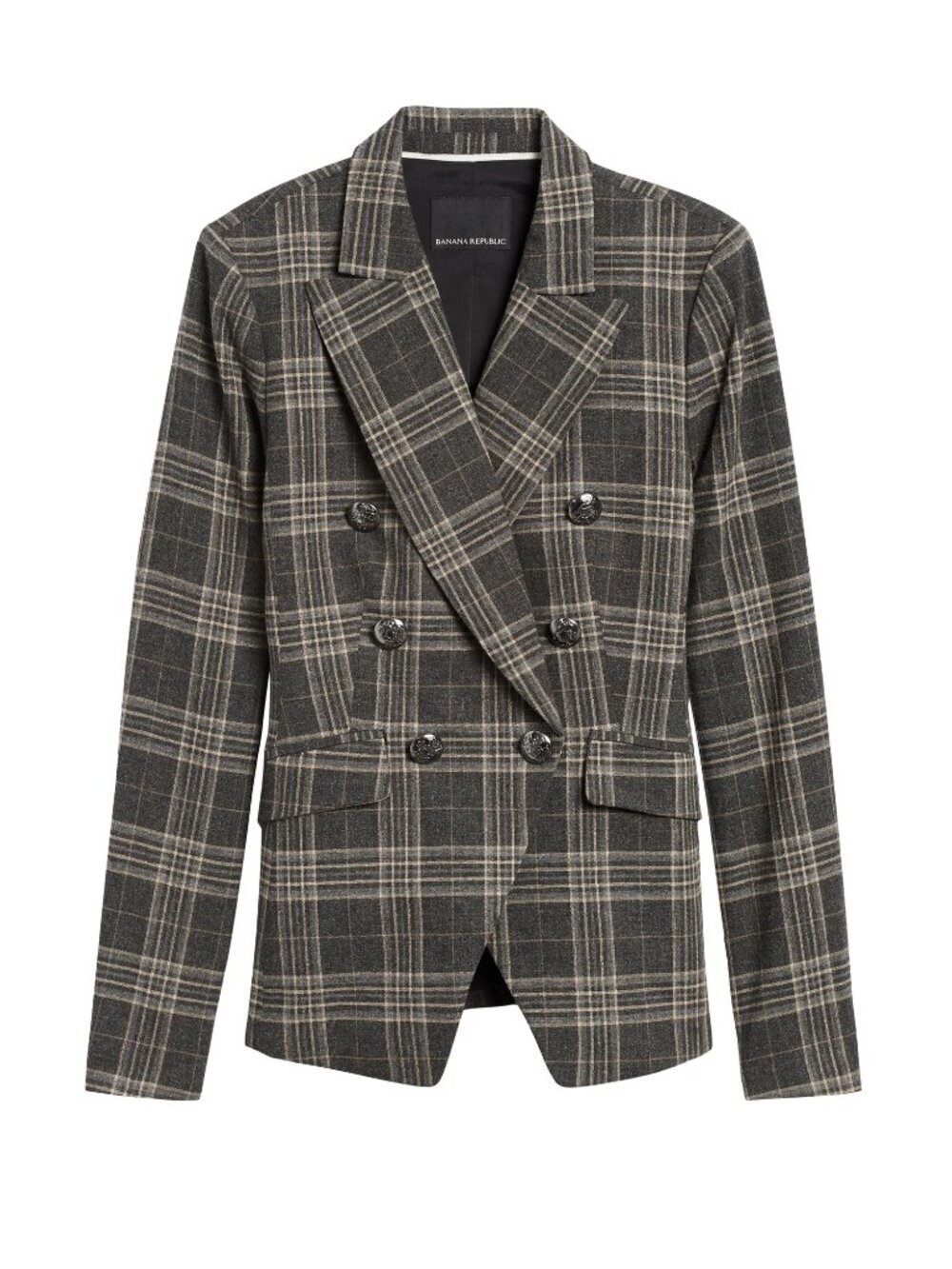 BANANA REPUBLIC Cadet Grey Check Wool Flannel Double Breasted Blazer, Size 6